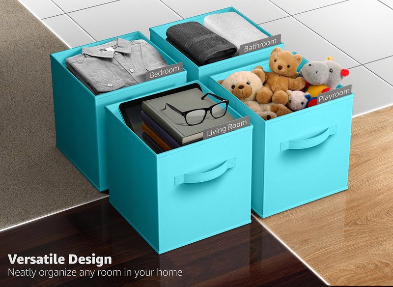 Sorbus Foldable Storage Cubes - 6 Fabric Baskets for Organizing Pantry, Closet, Shelf, Nursery, Playroom, Toy Box, Cubby - 11 Inch Dual Handle Collapsible Closet Organizers and Storage Bins (Aqua) - Image 5